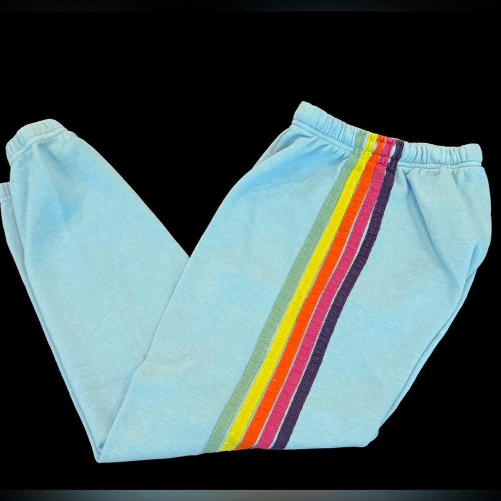 Aviator Nation 5-stripe Light Blue Sweatpants with Rainbow Stripe - Picture 4 of 6